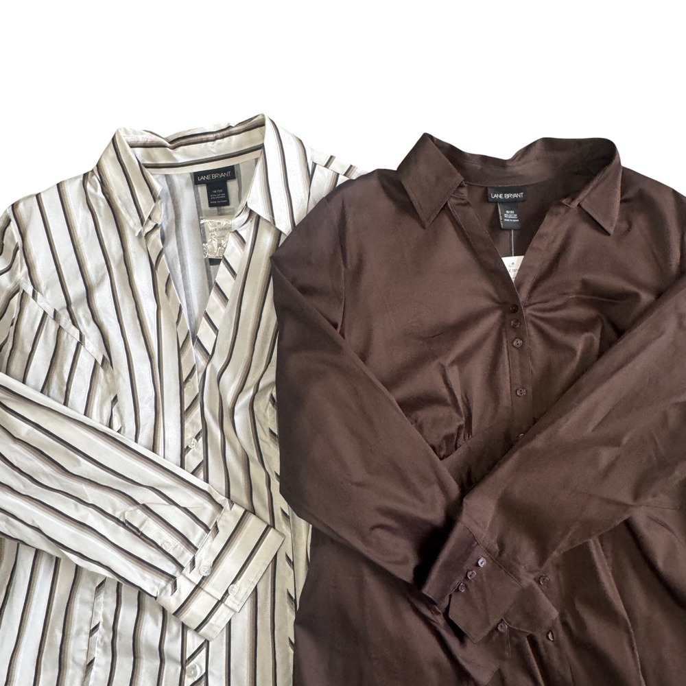 Lane Bryant Shirt Bundle Women 18/20 Brown Striped Button Up Long Sleeve Work‎